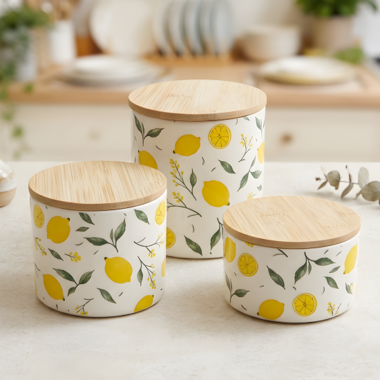 Lemon Pattern Porcelain Jar Set - 3 Pcs